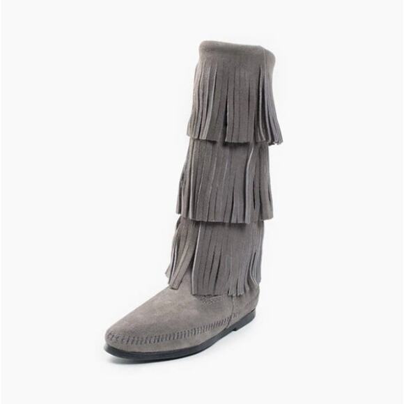 Minnetonka 3 Layer Fringe Calf High Boots Womens Size 6 Gray Suede Leather 1631T - Picture 1 of 10
